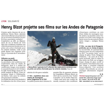 <p>Article &quot;Henry Bizot projette ses films sur les Andes de Patagonie&quot; - Le Progr&egrave;s du 1er janvier 2019</p>