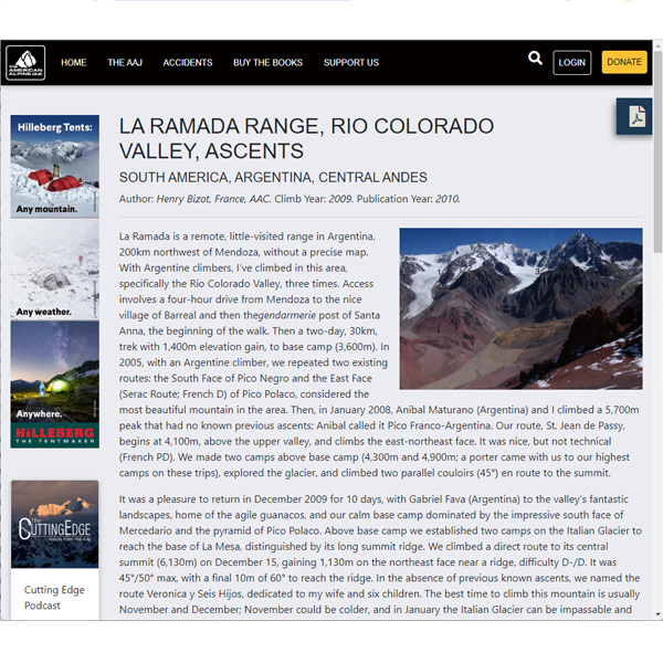 <p>LA RAMADA RANGE, RIO COLORADO VALLEY, ASCENTS<br />rnSOUTH AMERICA, ARGENTINA, CENTRAL ANDES</p>